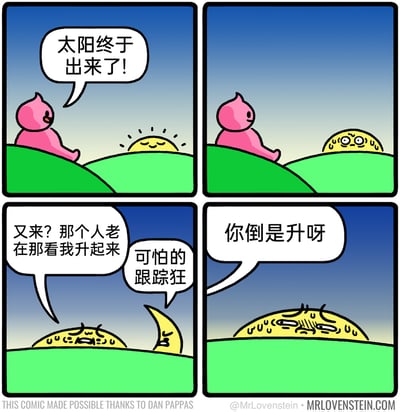 这是一幅四格脑洞搞笑漫画，采用拟人化的创作手法：第一格中，粉色卡通小人坐在绿色山坡上，满脸开心地望着刚露头、表情惬意的太阳，开口说道“太阳终于出来了！”；第二格中，原本放松的太阳看到小人的注视后，瞬间变得紧张，脸上冒出冷汗；第三格中，太阳满脸郁闷地向旁边的月亮抱怨“又来？那个人老在那看我升起来”，月亮也露出嫌弃的表情，附和道“可怕的跟踪狂”；第四格中，小人见太阳迟迟不升起，便开口催促“你倒是升呀”，而此时的太阳已经焦虑得浑身发抖、冷汗直流，完全无法正常升起。漫画将人类的社恐情绪赋予太阳，把日常看日出的普通场景反转成太阳眼中的“跟踪”事件，用荒诞的设定制造出幽默效果。
