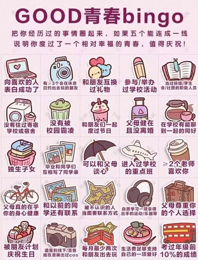 这是一张青春主题的bingo游戏图，采用5×5的网格布局，每个格子包含一个图标和对应的青春经历文字描述。顶部标题为“GOOD青春bingo”，下方说明文字提示用户圈出自己经历过的事情，若能连成一线则代表度过了相对幸福的青春。内容涵盖了表白成功、朋友聚会、校园活动、家庭关系等多种青春时期常见的经历和状态。