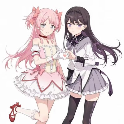 这是一张AI绘制的《魔法少女小圆》同人创作图，画面中来自原作的两位主角——粉色双马尾的鹿目圆与深发色的晓美焰并肩站立，两人配合着用双手比出爱心手势，氛围温馨甜蜜。鹿目圆身着粉白相间的经典魔法少女礼服，晓美焰则穿着灰黑白配色的制服风格装束，角色造型高度还原原作设定。
