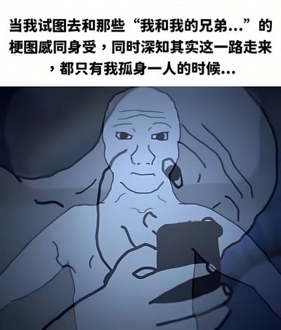 图片上半部分是一段文字：“当我试图去和那些‘我和我的兄弟...’的梗图感同身受，同时深知其实这一路走来，都只有我孤身一人的时候...”。下半部分是一幅抽象风格的插画，描绘一个面部表情平静中带着些许无奈的人物，正躺在床上使用手机。整体画面采用蓝灰色调，营造出一种孤独、落寞的氛围，通过文字与图像的结合，表达了在看到他人分享兄弟情谊的梗图时，自己却深感孤独的复杂情绪。