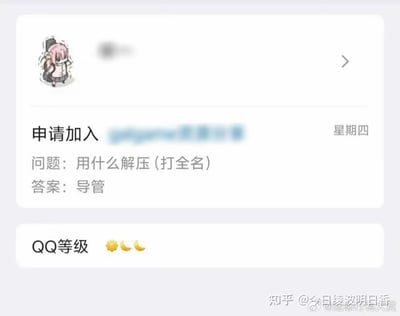 QQ群申请界面截图，显示用户尝试加入某群时需回答验证问题："用什么解压 (打全名)"，回答为"导管"。界面包含粉色头发动漫风格头像、QQ等级标识(☀️🌙🌙)，右下角有水印。

这是一个利用谐音和误解制造笑点的梗图：问题实际想问解压软件(如WinRAR、Bandizip等)，但回答者故意答"导管"(医学器械)，形成错位幽默。