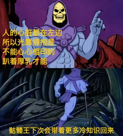 图片为上下两格连环图，上方是《宇宙的巨人希曼》中的反派骷髅王，他身着紫色兜帽和骷髅装饰的盔甲，背景为紫色天空与红色岩石，左手摊开、右手食指指向上方，旁边黄色文字写着‘人的心脏都在左边 所以光靠拥抱是 不能心心相印的 趴着厚乳才能’。下方格子中骷髅王拄着拐杖，在布满尖刺植物的黑暗环境中转身离开，底部黄色文字为‘骷髅王下次会带着更多冷知识回来’。图中文字通过一本正经的‘冷知识’口吻制造幽默效果，‘厚乳’一词借用网络流行语增加戏谑感。