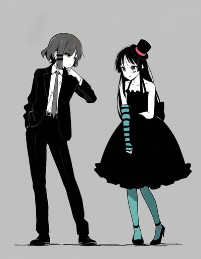 这是一幅《轻音少女》的同人创作插画，画面左侧是身着黑色西装套装的平泽唯，她单手插在裤袋里，另一只手抵在下巴处，眼神带着玩味的笑意看向身旁的秋山澪；右侧的秋山澪穿着黑色蓬蓬礼服裙，头戴迷你小礼帽，搭配蓝绿色长袜、高跟鞋与黑蓝条纹袖套，神情羞涩不安，身体微微前倾低头，双手交握于身前。整体画面以低饱和的黑灰为主色调，用蓝绿色作为点缀，画风精致可爱，呈现出两位角色的礼服造型。