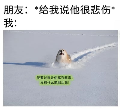这张梗图上方有文字“朋友：*给我说他很悲伤* 我：”，下方是一张狗狗在雪地中奔跑的照片，狗狗张着嘴，看起来很兴奋。图片底部有绿色文字框写着“我要过来让你高兴起来，没有什么能阻止我！”。通过反差幽默表现了在朋友悲伤时，自己积极主动去安慰的热情状态。