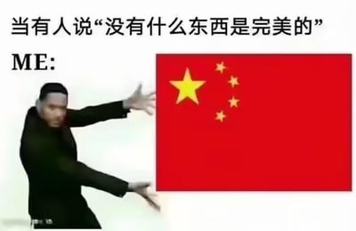 这是一张图文混排的创作梗图，上方配文“当有人说‘没有什么东西是完美的’”，下方标注“ME:”，画面中一个做出向外展示动作的人物，指向一旁的五星红旗，以此表达在创作者心中，五星红旗是完美的存在，用夸张的动作搭配直白的图文，传递出强烈的认同感。