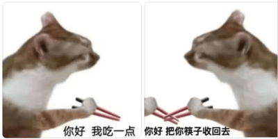 这张图片是一组两连表情包，主角是一只橘猫，画面简洁，猫用前爪拿着一双筷子。左图为猫咪举筷配字“你好 我吃一点”，表示要蹭饭的意思；右图则为猫咪把筷子收回，配字“你好 把你筷子收回去”，带有搞笑拒绝、互怼的意味。整个画面体现了网络上关于美食、虚拟聚餐、社交互动的趣味气氛，是网络流行的互动式梗图形式。该梗因其“连续剧”式的玩法，被广泛用于美食内容评论区，也衍生出各种趣味回复情景。 

## 双关与暗示
- “吃一点”泛指虚拟“蹭”资源/美食的玩笑请求，有时也被用于各类轻度共用、搭便车场景。