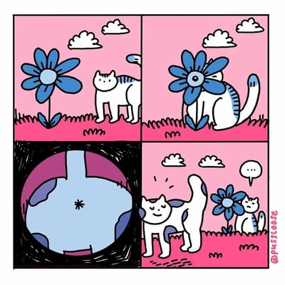 这是一幅四格连环卡通漫画，整体场景设定在粉色天空、点缀白云的绿色草地上。第一格：一只白身带蓝纹的猫咪，带着好奇的神情走向一朵蓝色的大花；第二格：猫咪躲到了蓝色大花的后方，只露出部分身体；第三格：画面切换到蓝色大花的视角，看到的是猫咪的屁股，猫咪屁股的花纹与大花的花心图案高度相似；第四格：原本的白蓝纹猫咪变成了白身带紫纹的样子，看起来十分开心，而旁边出现了一只外形和蓝色大花完全一样的猫咪，这只猫咪一脸疑惑，对话框为空白，传递出它的不解情绪。漫画利用猫咪屁股与花中心的视觉相似性，制造出猫咪与花“互换形态”的无厘头搞笑效果，充满脑洞创意。