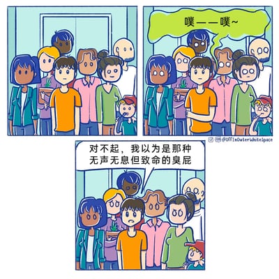 这是一组三格连环卡通漫画，展现了拥挤电梯内发生的搞笑误会场景。第一格中，狭小的电梯里挤满了不同年龄、穿着的乘客，大家都表情平静，状态自然；第二格中，画面右下角的戴红帽子小孩发出“噗——噗~”的放屁声，电梯内的乘客们纷纷露出惊讶、疑惑的异样表情，将目光投向声音来源；第三格中，一位蓝皮肤的乘客满脸尴尬地开口道歉，解释自己误以为这是那种“无声无息但致命的臭屁”，此时其他乘客都露出不满、无语的神情，而放屁的小孩则躲在乘客身后。漫画利用人们对电梯里臭屁的普遍固有认知（无声气味却浓烈），与有声的屁形成反差，通过这个乌龙误会制造出轻松幽默的效果，贴近日常通勤的生活场景，容易引发共鸣。