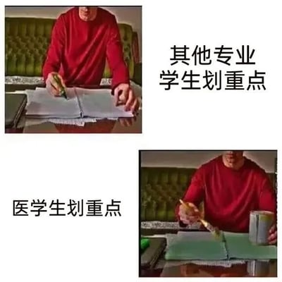 图片为上下对比的双图拼接，上方图中一名穿红色上衣的人正用钢笔在笔记本上划重点，配文“其他专业学生划重点”；下方图中同一人改用大号画笔蘸取颜料（疑似油漆桶）在绿色笔记本上大面积涂抹，配文“医学生划重点”。通过夸张对比幽默调侃医学专业知识点繁多，划重点如同“刷墙”般覆盖全面的现象。