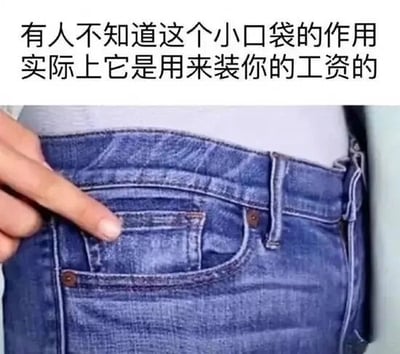 这是一张图文混排的搞笑梗图，上方配有黑色吐槽文字，下方是一张实拍照片，展示了牛仔裤前侧的迷你小口袋，有一根手指正指向这个口袋。文字以幽默夸张的方式调侃职场人工资微薄，微薄到只能放进这个极小的口袋中，精准戳中工资较低的职场人的痛点，用搞笑的方式表达对工资水平的无奈吐槽，容易引发相关人群的共鸣。