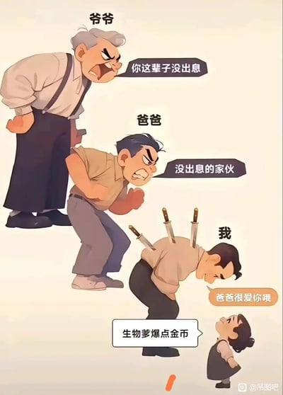 这张AI生成的卡通梗图呈现了三代男性的代际压力传递与当代亲子的反差场景：画面最上方的爷爷愤怒地叉着腰，训斥下方的爸爸“你这辈子没出息”；爸爸则同样愤怒地握拳，训斥“我”“没出息的家伙”；“我”的背后插着三把代表精神伤害的刀，却带着隐忍的表情弯腰对面前的孩子说“爸爸很爱你哦”；而孩子则一脸理所当然地回怼“生物爹爆点金币”。
图中用代际传递的训斥讽刺了传统家庭的精神压力传承，同时“我”的隐忍付出和孩子的现实诉求形成强烈反差，“生物爹”是网友对亲爹的调侃式称呼，“爆金币”源自游戏梗，指索要金钱，整体充满荒诞的讽刺感，戳中当代年轻人在家庭压力与亲子关系中的复杂处境。