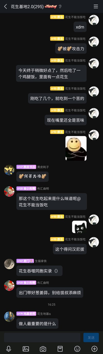 这是一张竖屏手机格式的QQ群聊记录截图，群名为“花生基地2.0(295)”。群主“花生不能当饭吃”在群内分享自己身体好转后吃鸡腿饭，却吃到苦花生、嘴里残留苦味的经历，随后群友们围绕“苦花生的味道”展开互动，玩起了经典影视《沉默的羔羊》中食人角色汉尼拔的梗——将苦花生的味道调侃为类似汉尼拔偏好的“人肉味”，衍生出“这个得问汉尼拔”“出门带好葱姜蒜，别给拔叔添麻烦”等趣味对话，搭配相关表情包，整个群聊氛围轻松诙谐，充满网络社群的玩梗趣味。