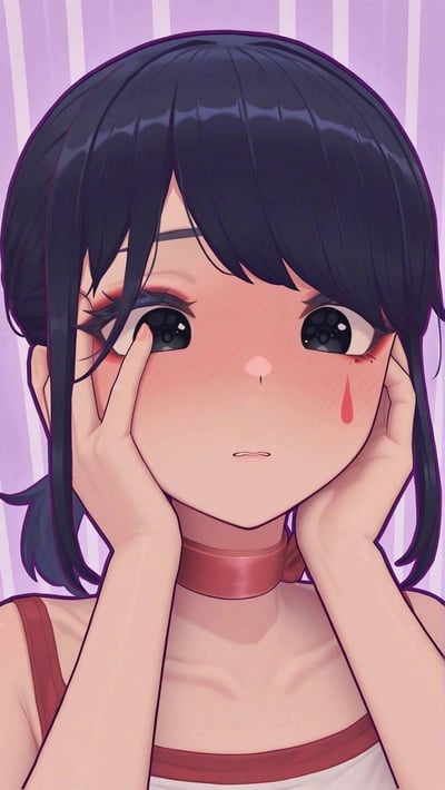 这是一张AI生成的竖版二次元风格静态插画，画面中的深色短发女孩扎着低马尾，佩戴粉色项圈，双手托住脸颊，脸颊大面积泛红，左眼下方挂着一滴泪，眼睛湿漉漉的，神态既害羞又带着委屈感，背景是浅紫色竖条纹，整体风格软萌治愈。