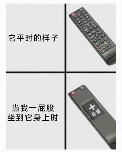 这是一张上下对比的图文混排静态图，分为上下两个区域：上半部分展示了一台按键齐全、状态正常的电视遥控器，搭配文字“它平时的样子”；下半部分展示了同一台遥控器，只有“音量+”按键被压得凸起，其余按键都被“忽略”，搭配文字“当我一屁股坐到它身上时”。图中用夸张的P图手法，调侃了日常生活中不小心坐到电视遥控器时，总会触发音量增大键的真实小意外，贴近生活且充满趣味，引发共鸣。