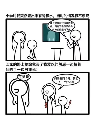 这是一幅两格连环漫画，讲述了一个感人的亲情故事。上格中，医生正严肃地告知一位母亲和孩子，孩子因肾积水需要尽快准备换肾手术，否则身体可能无法坚持。下格中，母亲温柔地拉着孩子的手，微笑着说自己有两个肾，可以和孩子一人一个，以此安慰生病的孩子。画面通过简洁的线稿和对话气泡，展现了母亲在孩子重病时的无私与伟大母爱。