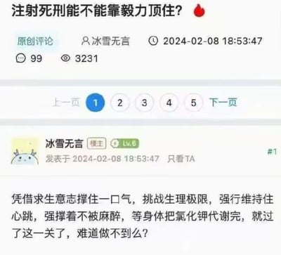 这是一张论坛帖子截图，楼主“冰雪无言”发布了一个脑洞提问：“注射死刑能不能靠毅力顶住？”，并在主帖中提出一个不符合医学常识的猜想：凭借求生意志撑住一口气，挑战生理极限，强行维持心跳、不被麻醉，等身体代谢完氯化钾就能过关，属于脱离实际的脑洞讨论。