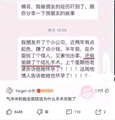 这是一张来自皮皮虾平台的社交媒体截图，内容是一位用户向“楠哥”分享朋友的荒诞经历：朋友作为小公司老板，赚了钱后在外找情人，为避免意外偷偷做了结扎手术，结果上周妻子告知怀孕，这周情人也告知怀孕，事件充满戏剧性的反转。下方用户“Ferget~小天”的神评调侃该朋友会气冲冲跑去医院质问手术失败，获得高赞，评论的内容进一步放大了事件的荒诞感，暗指该朋友未意识到自己被双重背叛，反而质疑手术问题。