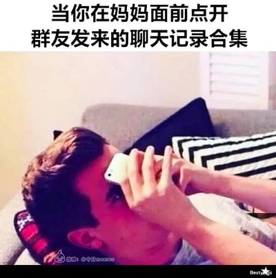 这张图是一张带有中文梗文字的表情包。图中是一个男孩用手机捂住脸的样子，配文是“当你在妈妈面前点开群友发来的聊天记录合集”，暗示在妈妈面前点开群聊天内容时需要非常小心，甚至本能地想要遮挡，防止妈妈看到不适宜的内容。这个画面充满了搞笑和共鸣感，是典型的当代年轻人网络表情包。

没有明显的双关、谐音梗，但突出了“藏手机防被看”的暗示，玩梗意味十足。