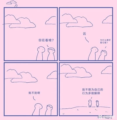 这是一则四格连环卡通漫画，整体背景为柔和的粉色，用极简的线条绘制出卡通人物与场景。第一格中，一个卡通小人正盯着天上的云，另一个小人向他询问“你在看啥？”，画面左上角还有一个小人和云朵的细节；第二格中，询问的小人继续追问“为什么要盯着它看？”；第三格中，看云的小人给出了模糊的回答“我不到啊”；第四格中，两个小人站在开阔的空地上，看云的小人直白表示“我不想为自己的行为多做解释”。漫画用无厘头的对话，精准展现了不想被过度追问、希望保留自身小空间的情绪，风格轻松诙谐，充满日常感。