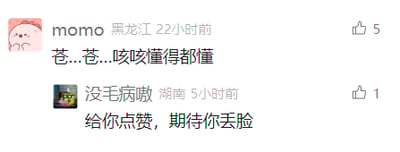 这是一张竖屏手机格式的社交媒体评论区屏幕截图，截图中呈现了两条用户评论。来自黑龙江的用户“momo”使用脸红害羞的卡通头像，发布了一条欲言又止、带有隐晦暗示的评论“苍...苍...咳咳懂得都懂”，该评论获得了5个点赞；来自湖南的用户“没毛病嗷”使用《海绵宝宝》的卡通头像，回复了这条评论，内容为“给你点赞，期待你丢脸”，带有调侃和看热闹的语气，获得1个点赞。两条评论形成了有趣的网络互动，前者的表述引发联想，后者的回复则增添了趣味性。