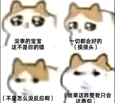 这是一张由四个同款卡通猫咪组成的四格meme图，通过递进的对话制造反差搞笑效果：
1. 第一只猫咪配文「没事的宝宝 这不是你的错」，摆出温柔安慰的姿态；
2. 第二只猫咪配文「一切都会好的（摸摸头）」，延续安慰的动作；
3. 第三只猫咪配文「（不是怎么没反应啊）」，露出疑惑的神情；
4. 第四只猫咪配文「（我草这咋整我只会这两句）」，直接暴露自己只会这两句安慰话术的窘迫。
这种反差感精准戳中笑点，适合用来调侃自己或他人在安慰人时词穷的尴尬状态。