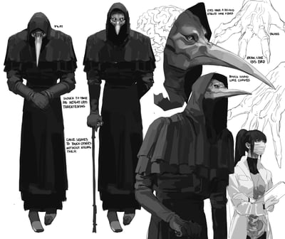 这是一张原创奇幻角色的黑白概念设定图，展示了拥有朱鹮鸟喙特征的黑袍角色的多种姿态与细节：
1. 左侧角色佝偻着身体，标注显示其身高达7'4英尺，刻意驼背来降低自身的压迫感，双手交握于身前；
2. 中间角色站姿挺拔，手持手杖，注释说明这根手杖的作用是避免直接触碰他人造成伤害；
3. 右侧包含角色的头部特写、爪状手部的线稿，还有一位抱臂持笔记本的白大褂口罩女性角色。
图中用英文注释详细标注了角色的生物特征：眼睛像鸟类一样拥有瞬膜、喙部形态类似朱鹮、嘶鸣声音类似鸦科鸟类、手部为爪状结构等。图中无谐音梗、双关或暗示内容。