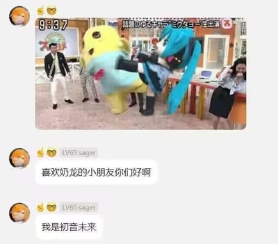 这是一张社交媒体聊天截图，上方嵌入了一段综艺节目的视频画面：画面中初音未来的人偶抬腿做出踢向奶龙人偶的动作，旁边有几位真人嘉宾在围观发笑，视频上方有日文文字标注“話題のゆるキャラ ミクタヨー一生出演”；下方是用户“LV65 sager”发布的两条反差发言，先是向奶龙的粉丝打招呼，紧接着自称是初音未来，用这种身份反差结合画面里的踢人动作，制造出搞笑的玩梗效果，没有双关或谐音梗。