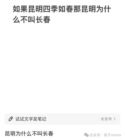 一张纯文字梗图，主体文字为“如果昆明四季如春那昆明为什么不叫长春”，通过城市名称的语义双关制造笑点。昆明因气候被称为“春城”（四季如春），而长春的字面意思是“长久的春天”，图中巧妙关联两者名称含义，形成趣味提问。底部有“试试文字发笔记”的功能提示按钮及“公众号·桔子meme”的水印标识。