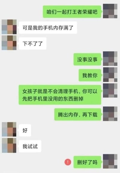 这是一张聊天记录截图，展示了两人的对话场景。绿色气泡用户邀请对方一起打《王者荣耀》，白色气泡用户表示手机内存满了无法下载。绿色气泡用户回应“没事没事，我教你”，并说“女孩子就是不会清理手机，你可以先把手机里没用的东西删掉，腾出内存，再下载”。白色气泡用户回复“好，我试试”，最后绿色气泡用户带着红色感叹号图标问“删好了吗”。整个对话围绕手机内存不足与下载游戏展开，充满日常聊天的真实感。