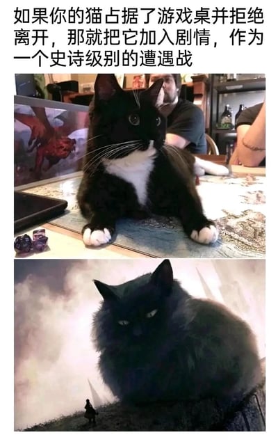 这是一张上下拼接的趣味创意图片，上方是一只黑白奶牛猫悠闲地趴在桌面角色扮演桌游（类似龙与地下城）的游戏地图上，桌上摆放着桌游骰子，背景中能看到桌游相关道具和参与游戏的玩家，猫咪占据了游戏桌面，表情懵懂好奇；下方是经过创意加工的图片，将这只奶牛猫处理成了史诗巨兽的形象，搭配烟雾效果，还有一个桌游小人模型置于猫的面前，营造出玩家要与这个“巨兽猫”展开遭遇战的场景。配文思路是当猫咪打扰桌游占据桌面时，玩家干脆将其融入剧情，变成一个充满趣味的史诗级遭遇战，尽显桌游玩家的脑洞与对猫咪的包容，充满玩梗趣味。