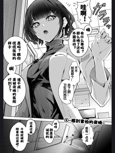 这是一张汉化后的黑白漫画页面，属于第二章《感到害怕的夜晚》。场景设定在深夜的医院，一位穿着白大褂的短发女医生撞见了神色慌张的主角，先是调侃对方是不是被夜晚的医院吓到，主角一开始嘴硬说只是去了卫生间，最后承认自己有点害怕，女医生便温柔地提出破例陪主角过夜。整体画面传递出温暖又带点暧昧的氛围，没有双关或谐音梗。