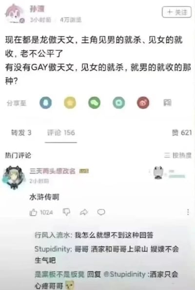社交媒体截图中，用户‘孙酒’吐槽龙傲天文套路‘见男就杀见女就收’，幽默提议‘GAY傲天文’反套路。热门评论‘水浒传啊’以经典名著梗巧妙回应，获高赞引发互动，展现网络文学讨论中的搞笑创意碰撞。