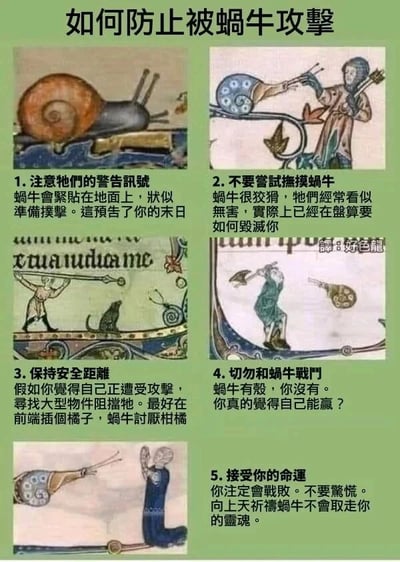 这是一张多图拼接的搞笑连环图，以中世纪手抄本风格的复古插画为载体，用一本正经的科普口吻，给出五条完全不符合现实逻辑的“防止被蜗牛攻击”的荒诞建议，通过严肃形式与无厘头内容的强烈反差制造笑点：1. 称蜗牛紧贴地面是准备攻击的警告讯号，预告人类的末日；2. 调侃蜗牛看似无害实则狡猾，一直在盘算毁灭人类，警告人们不要触摸；3. 建议遭受攻击时用大型物件阻挡，还提到蜗牛讨厌柑橘，可以在前端插橘子；4. 奉劝人们不要和蜗牛战斗，理由是蜗牛有壳而人类没有，质疑人类的胜算；5. 让人们接受注定战败的命运，祈祷蜗牛不会取走自己的灵魂。整体内容充满恶搞趣味，将中世纪手抄本里怪异的蜗牛插画赋予了搞笑的“威胁人类”设定。