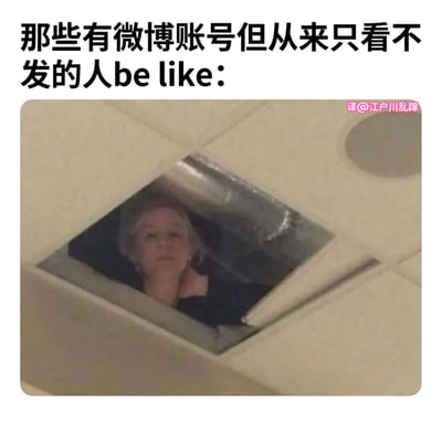 这是一张调侃社交媒体潜水用户的梗图。上方文字为'那些有微博账号但从来只看不发的人be like:'，下方配图是一位金发女性从方形小窗口中向外窥视的场景，形象比喻只浏览不发言的微博用户（潜水党）状态，幽默展现其默默观察的特点。