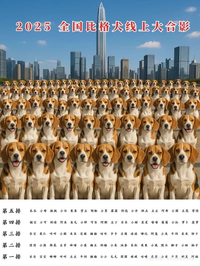 图片展示了2025年全国比格犬线上大合影的创意合成场景。画面主体是数百只比格犬整齐排列成多排，背景为现代化城市天际线，上方有红色大字标题'2025 全国比格犬线上大合影'。犬群下方按'第五排'至'第一排'依次列出了每只比格犬的名字，如瓜瓜、小布、桃桃等。整体风格幽默温馨，通过将众多比格犬合成在同一画面中，营造出大型线上聚会的欢乐氛围，体现了宠物爱好者社群的凝聚力。