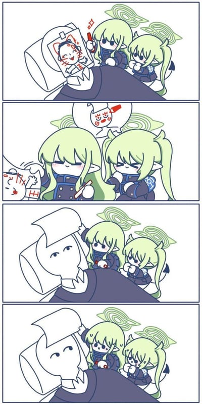 这是一幅四格漫画，描绘了两个绿色头发的精灵姐妹给熟睡的人脸上画鬼脸的有趣场景。

第一格：两个精灵姐妹站在床边，其中一个正拿着红色马克笔在熟睡的人脸上画画，已经画出了一个滑稽的猫脸图案和一些红色标记。

第二格：特写两个精灵姐妹的表情，她们都露出调皮的笑容，其中一个举着马克笔，旁边的对话框里是她们画的鬼脸图案。

第三格：熟睡的人醒来，发现脸上被画了东西，表情变得有些无奈但似乎并不生气。

第四格：精灵姐妹看到人醒了，表情变得有些紧张和心虚，但还是带着一丝调皮。