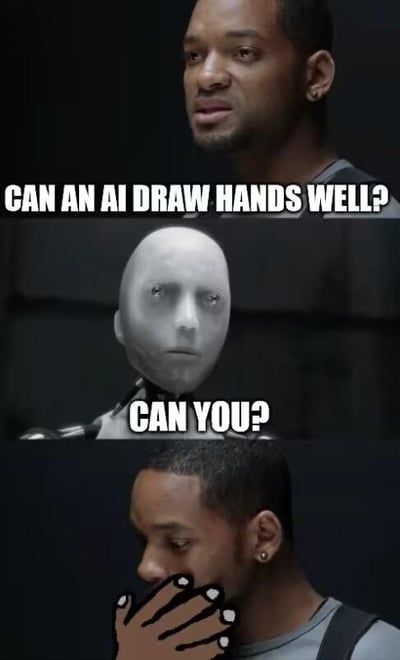 三格竖版拼接梗图，通过幽默对比调侃AI绘画与人类绘画手的能力。上格：威尔·史密斯表情严肃提问“CAN AN AI DRAW HANDS WELL?”（AI能画好手吗？）；中格：机器人面无表情反问“CAN YOU?”（你行吗？）；下格：威尔·史密斯低头看向自己画的手，手部线条扭曲、手指混乱，暗示人类自己也画不好手。通过角色对话和画面细节形成讽刺笑点，指出人们常吐槽AI画手差，却忽略自身绘画能力不足的矛盾。