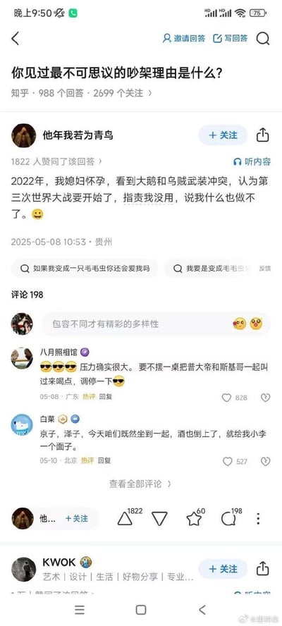 这是一张知乎问答的手机截图，问题是“你见过最不可思议的吵架理由是什么？”。答主讲述了2022年妻子怀孕期间，因为看到俄乌冲突新闻产生焦虑，误以为第三次世界大战要爆发，指责丈夫无能引发争吵。网友评论区互动幽默，整体氛围轻松搞笑，带有典型的生活段子和自嘲风格。

没有明显双关或谐音梗，但有将国际大事和家庭小事荒诞结合的夸张反差。