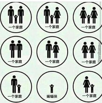 图片为3x3九宫格布局，每个圆形框内均有黑色简笔stick figures图案，下方标注“一个家庭”。前8个圆形分别展示不同组合的家庭成员：包括两个成年男性+儿童、一男一女+儿童、两个成年女性+儿童、两个成年男性、一男一女、两个成年女性、一个成年男性+儿童、一个成年女性+儿童。唯独底部中间圆形内仅有一个儿童stick figure，下方标注“蝙蝠侠”，通过统一标签与特殊案例的反差制造幽默效果。