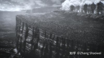 这是《进击的巨人》最终季Part2中「地鸣」发动的经典黑白场景截图。画面左侧是翻涌的海面，陡峭的悬崖边缘延伸至整片陆地，都被密密麻麻的超大型巨人完全覆盖；远处的巨人正向前行进，扬起漫天尘土，整体氛围压抑沉重，充满了毁灭感，直观展现了地鸣启动后，巨人军团将踏平世界的绝望震撼场面。
