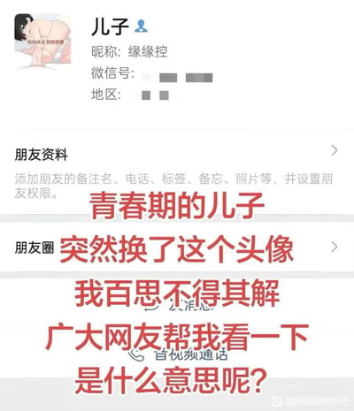 这是一张微信好友资料页面的截图，显示了一位母亲对青春期儿子突然更换的动漫头像感到困惑，希望广大网友帮忙解读头像含义。头像为一个卡通风格的小孩形象，资料中昵称为