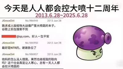 整张图为纪念“控大喷菇”梗诞生十二周年制作，顶部标注文字“今天是人人都会控大喷十二周年”，下方标注时间跨度2013.6.28~2025.6.28；左侧截取了2013年6月28日某匿名论坛用户的三条连续发帖内容：该用户先是索要成人向的植物大战僵尸大喷菇同人本子，还特意要求为NTR内容，在无人回复后恼羞成怒，指责社会歧视自己的取向，放话“总有一天人人都会控大喷菇的”；右侧搭配了游戏《植物大战僵尸》中大喷菇的卡通形象，整体走搞笑玩梗风格，调侃当年的离谱古早发帖。