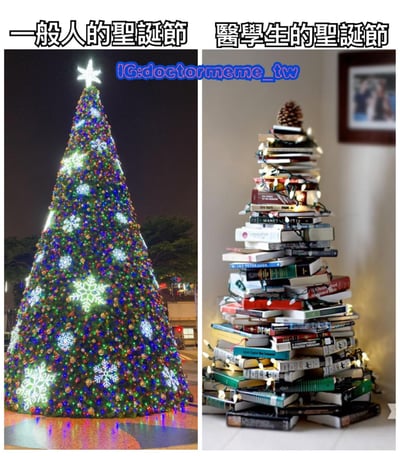 图片左侧展示了一棵装饰华丽的圣诞树，树上挂满彩色灯饰和雪花装饰，顶部有星星，背景为夜晚户外场景，充满节日氛围；右侧则是由一堆医学书籍堆叠而成的“圣诞树”，顶部放有松果，周围缠绕少量装饰灯，背景为室内环境。通过左右对比，幽默地呈现了一般人温馨庆祝圣诞节与医学生因学业繁忙只能用书堆代替圣诞树的反差场景。