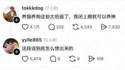 这是一张X（原Twitter）平台的社交评论截图，共包含两条用户发言：第一条由用户tokkkdog在17小时前发布，玩中文“养”字的多义梗，将饲养宠物的“养”和修养精神的“养”做关联，调侃“养猫养狗这些太低级了，我闭上眼就可以养神”，该发言获得4.1万点赞、232条评论、4245次转发、7830次分享；第二条由用户yylle865在15小时前发布，对前者的脑洞发言表示疑惑，提问“这段话到底怎么想出来的”，获得5874点赞、6条评论、8次转发、109次分享。界面保留了社交平台的点赞、评论、转发、分享交互按钮，两个用户分别配有公鸡头像和真人遮脸头像。