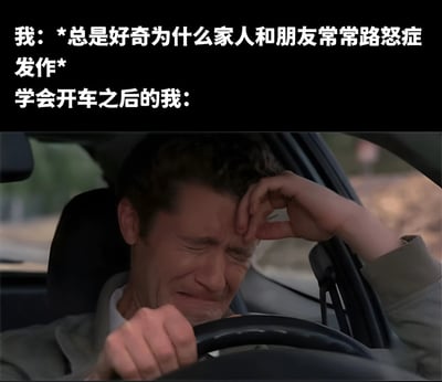 图片上半部分为文字内容，左侧写着“我：*总是好奇为什么家人和朋友常常路怒症发作*”，右侧接着“学会开车之后的我：”。下半部分是一张影视截图，画面中一名男性驾驶员坐在驾驶座上，左手扶额，右手紧握方向盘，眉头紧锁，表情痛苦且烦躁，生动展现了学会开车后亲身体验到路怒症的状态。