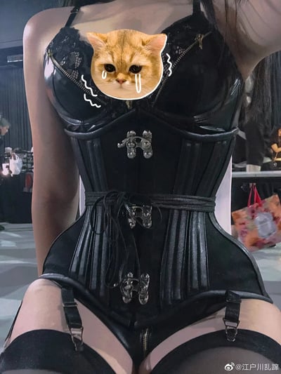 图片中展示了一位穿着黑色皮质束腰的女性上半身，束腰设计精致，带有金属搭扣和蕾丝装饰。人物面部被一张流泪的橘猫表情包覆盖，猫咪有着大大的眼睛和两行夸张的泪珠，周围还有表示颤抖的波浪线，形成一种可爱又略带滑稽的对比效果。背景似乎是在某个活动或展会现场，隐约可见其他人影和物品。