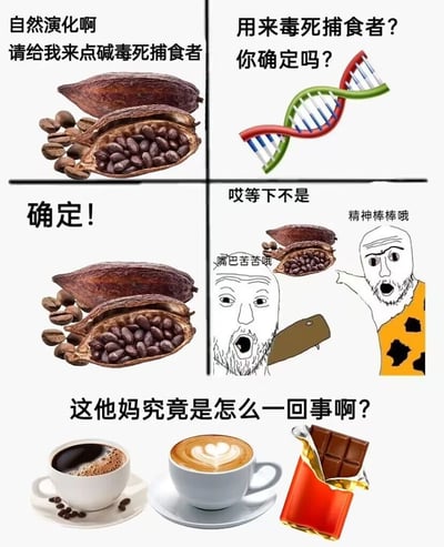 这是一张由四格漫画加底部展示区组成的趣味科普梗图，以幽默的方式调侃植物演化防御机制的“反向翻车”：第一格展示可可果，配文表现植物演化出含咖啡因的化学物质，初衷是毒杀捕食者、保护自身；第二格以DNA链图案配文，对该演化方向提出质疑；第三格再次展示可可果并配文，强化演化的防御目标；第四格绘制两个卡通原始人，一个咬着食物喊“嘴巴苦苦哦”，表现接触可可时的味觉感受，另一个兴奋地喊“精神棒棒哦”，展现咖啡因带来的提神效果；底部展示黑咖啡、拿铁咖啡、巧克力这些以含咖啡因的可可/咖啡为原料制成的流行美食，配文发出灵魂吐槽，调侃原本用于防御的咖啡因，反而成为人类喜爱的提神成分，被开发成各类热门美食，完全偏离了演化的初始目的，用搞笑的形式科普了植物防御机制被人类反向利用的科学现象。