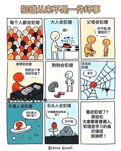 这是一幅九宫格形式的卡通漫画，标题为“犯错从来不是一件坏事”。漫画通过依次展示不同对象的犯错场景来传递核心理念：第一排是普通大人做饭糊锅、父母错怪孩子后道歉；第二排是老师写错单词、狗狗咬坏拖鞋、蜘蛛织错网；第三排是外星人来错行星、石头耽误花生长、最后用一段安慰的话语收尾。每个场景都搭配了口语化的中文台词，让内容更接地气，最终引导读者接纳自己的错误，明白犯错是普遍现象，也是学习的最佳捷径，无需因犯错而过度焦虑。