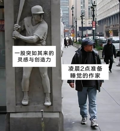 这是一张创意搞笑梗图，拍摄于城市街道场景中。左侧是一座嵌入墙体的棒球运动员浮雕，被标注为“一股突如其来的灵感与创造力”，浮雕中的运动员手持球棒、蓄势待发，充满力量感；右侧是一位穿着厚外套、神态疲惫的路人，被标注为“凌晨2点准备睡觉的作家”，生动地还原了创作者在深夜即将休息时，突然被灵感击中的矛盾又真实的状态，用视觉上的巧合精准调侃了创作者的日常困境，引发内容从业者的共鸣。