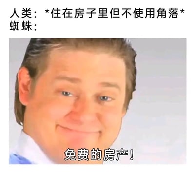 这是一张网络搞笑梗图，整体分为上下部分，上方是文字配文，内容为“人类：*住在房子里但不使用角落* 蜘蛛：”，下方是一张面带狡黠玩味微笑的白人男性半身近照，照片底部标注配文“免费的房产！”。图片用拟人手法，将蜘蛛在人类住宅闲置角落结网定居的行为调侃为获得免费房产，吐槽了生活中家里角落总会出现蜘蛛网的常见场景，制造出搞笑的反差效果。
